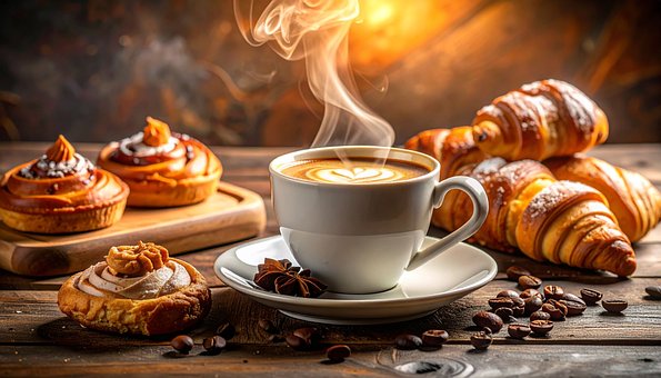Kaffee, Latte, Croissant, Kaffeebohnen