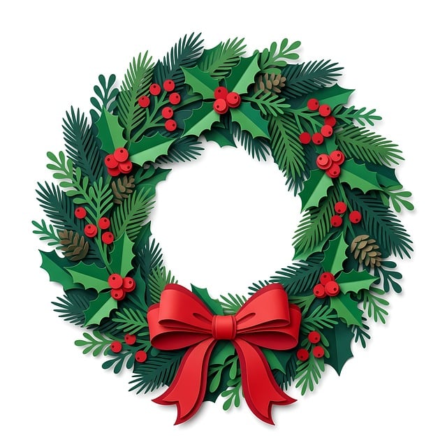 Free christmas wreath evergreens red bow illustration