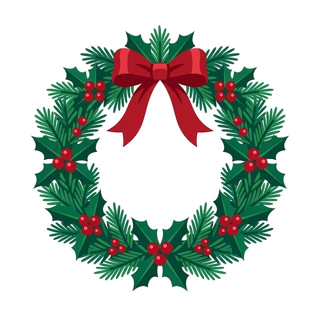 Free christmas wreath holly red bow illustration