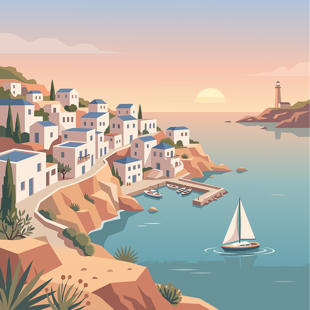 Free coastal village seaside town sailboat vector