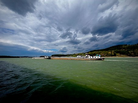 Lastkahn, Fluss, Himmel, Wolken, Natur