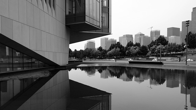 城市景观, 建筑, 水面倒影, 现代建筑, 黑白照片, 城市设计, 全景