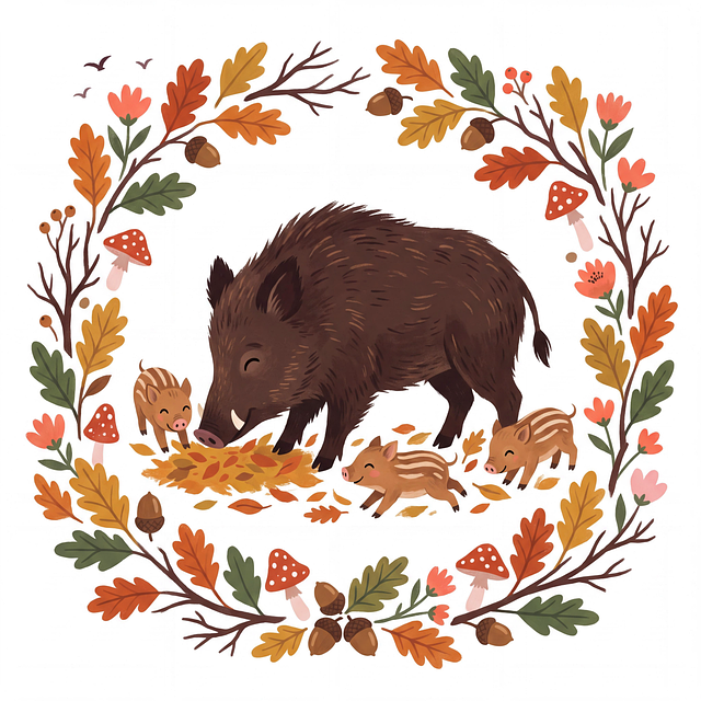 Free wild boar boar piglets autumn forest illustration