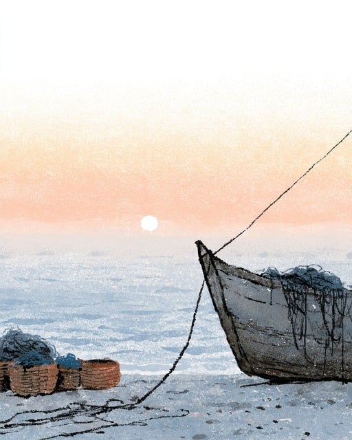 Båd, Fisker, Net, Strand, Solnedgang