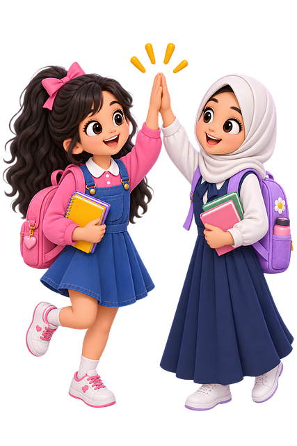 Free schoolgirls giving high five cute school friends children high five illustration