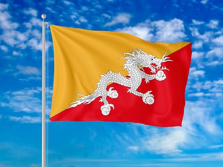 Fahne, Bhutan, Drache, Blauer Himmel