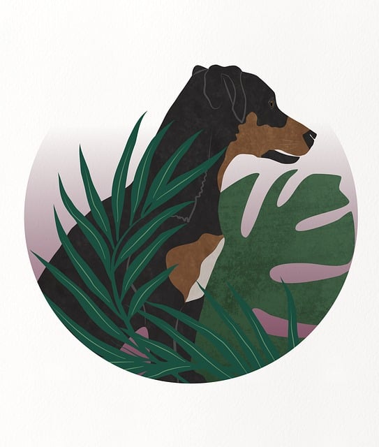 Hund, Jungle, Grafik, Dyr, Boho, Blad