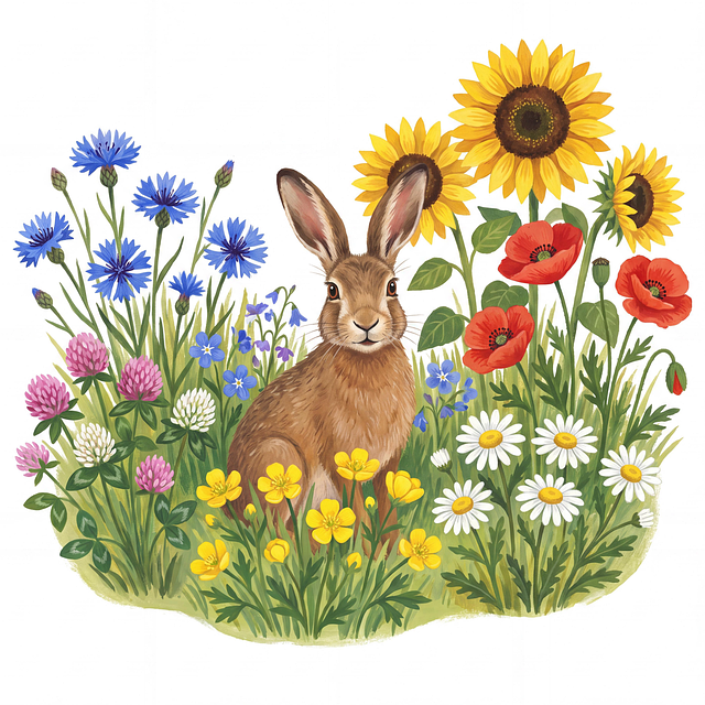 Free rabbit wildflowers watercolor illustration
