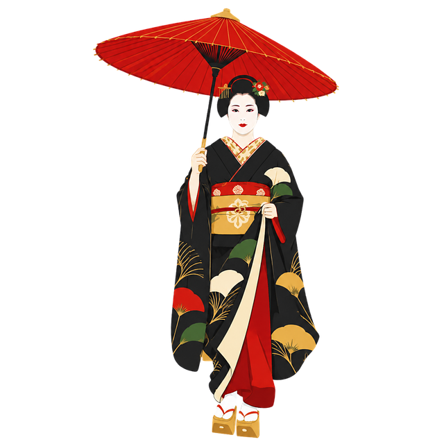Free japanese geisha red paper umbrella kimono vector