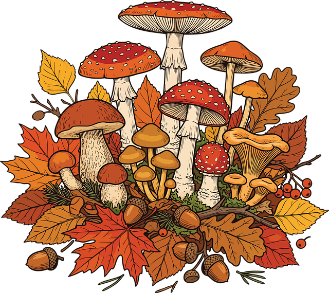 Free mushrooms autumn leaves vector