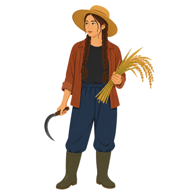 Free female farmer sickle rice harvest vector