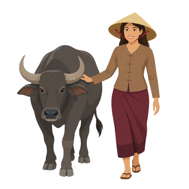 Free vietnamese farmer buffalo traditional clothing illustration