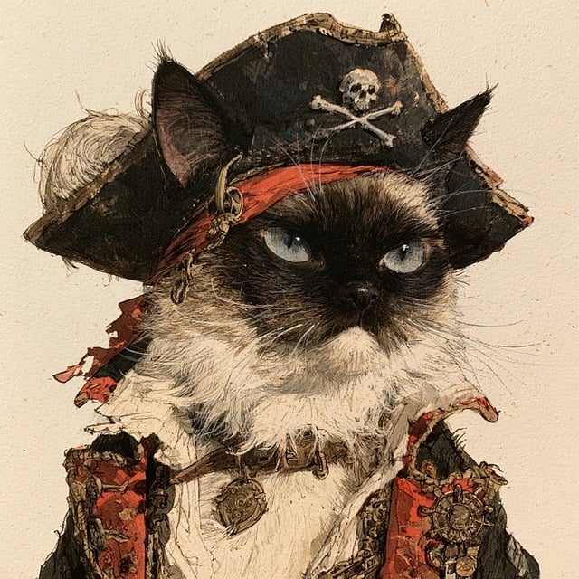 Free siamese cat pirate fantasy illustration