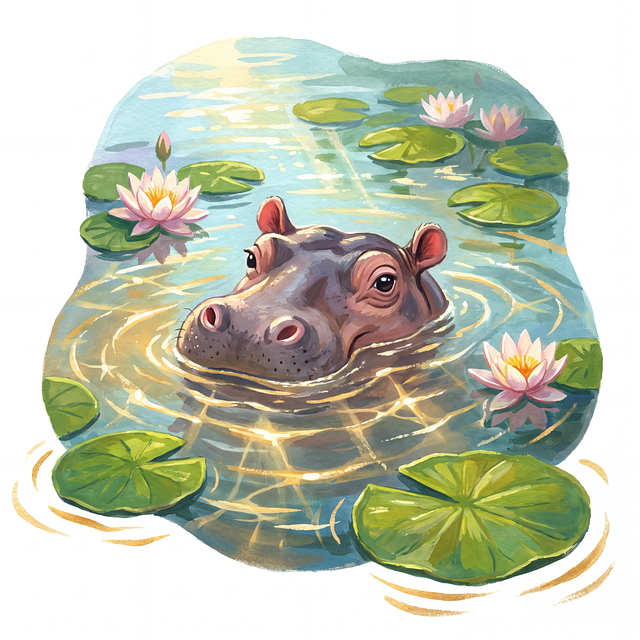 Free hippopotamus water lily lily pad illustration