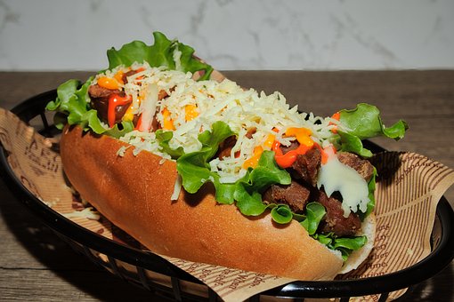 Hotdog, Salatblad, Ost, Dressing