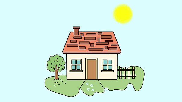 Casa, Árvore, Cerca, Sol, Nuvens, Jardim