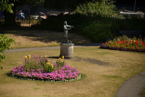Park, Skulptur, Gras, Blumenbeet, Baum