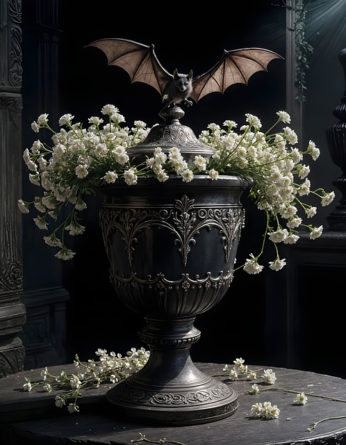 Vleermuis, Bloemen, Urn, Gotisch, Donker