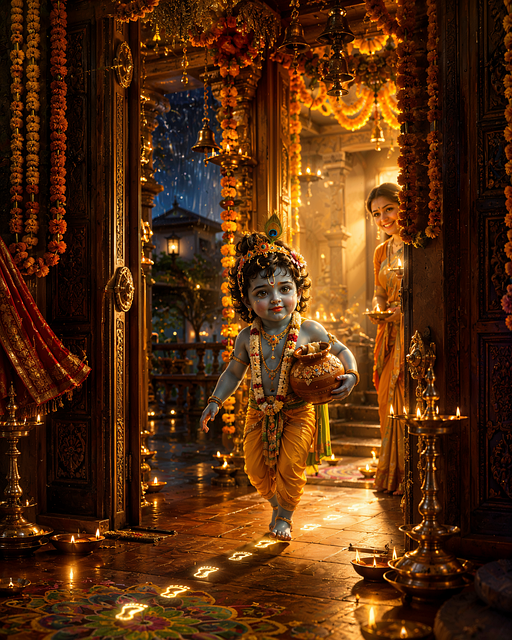 Diwali, Krishna, Lampe, Kind, Dekoriert