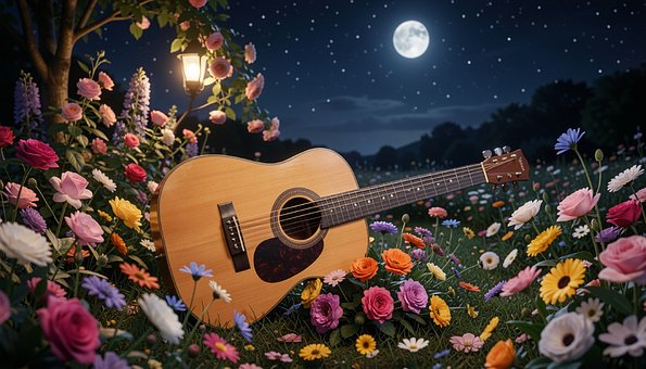 Gitar, Blomster, Måne, Natt, Landskap