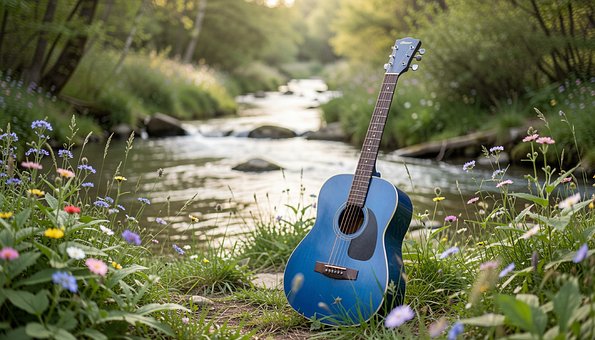 Gitar, Gitar Ved Bekk, Natur, Blomster