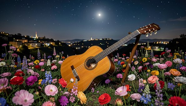 Gitar, Natur, Blomster, Stjerner, Måne