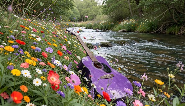 Gitar, Natur, Blomster, Gress, Bekk