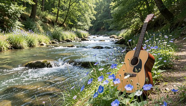 Gitar, Natur, Blomster, Gress, Bekk