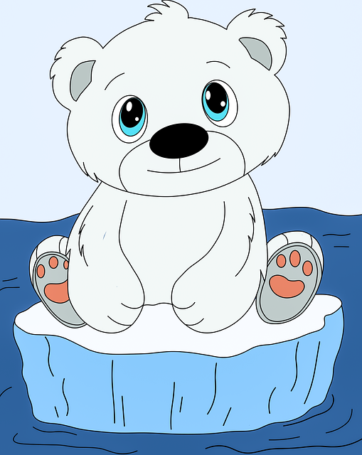 북극곰 새끼, 빙산, 만화, 귀여운, 동물, 물, 겨울 왕국, 떠 있는
