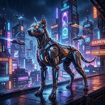 Free Cyber Dog Futuristic Cityscape illustration and picture