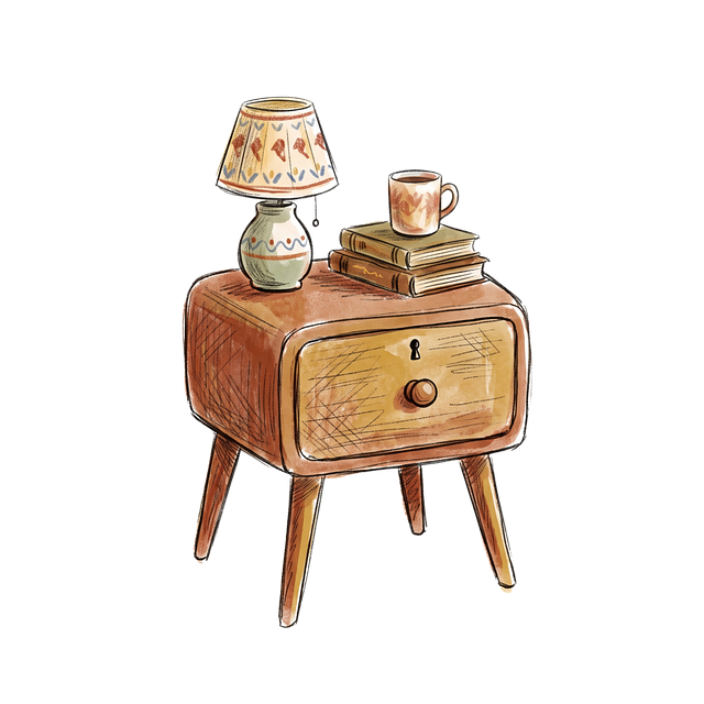 Nattbord, Bordlampe, Krus, Bøker, Tre