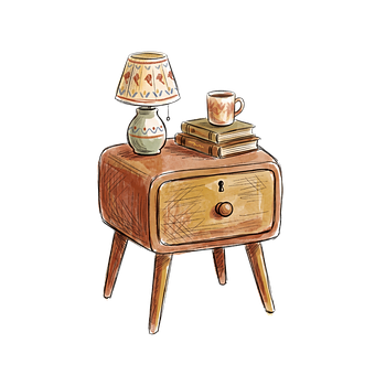 Sengebord, Bordlampe, Krus, Bøger, Træ