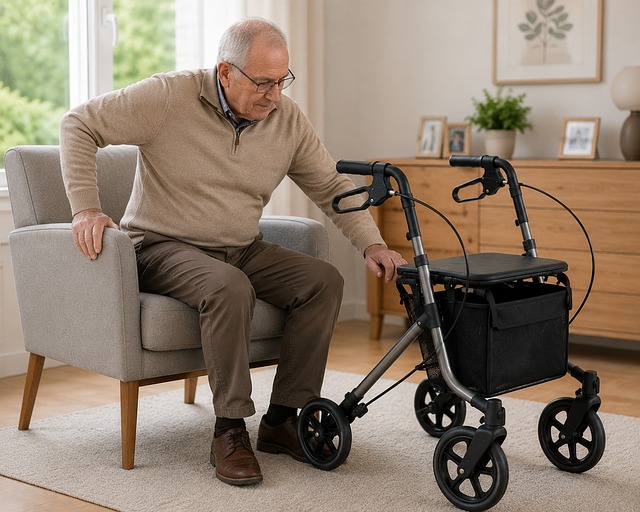 Rollator, Gehhilfe, Senior, Mann, Sitzen