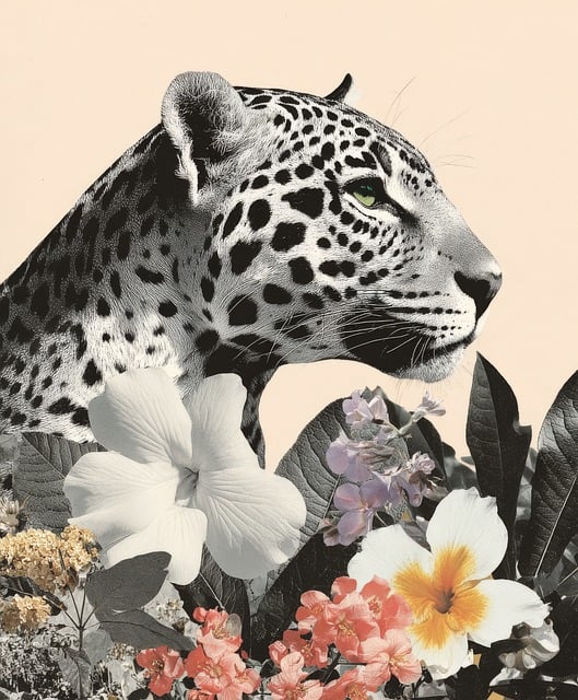 Leopardo, Retrato, Colagem, Floral