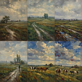 Paisagem, Vacas, Pintura A Óleo, Árvores
