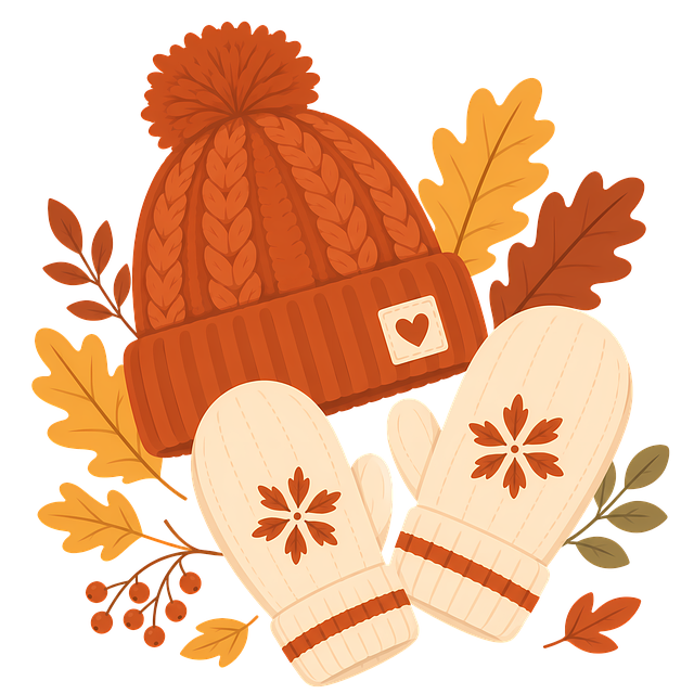 Free autumn pom pom hat knitted mittens illustration