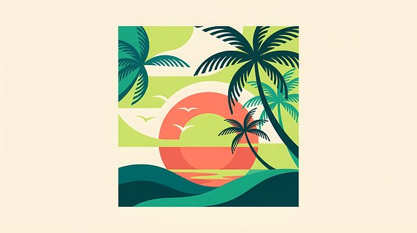 Urlaub, Strand, Palme, Sonnenuntergang