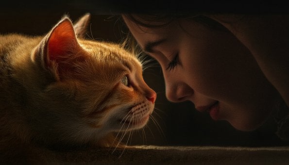 Katze, Mädchen, Porträt, Licht