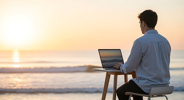 Mann, Arbeiten, Strand, Sonnenuntergang