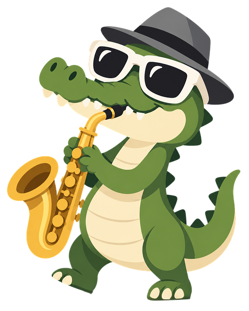 Krokodille, Saksofon, Fedora, Solbriller