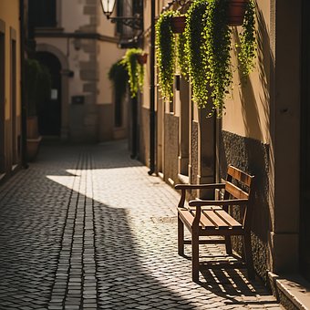 Gasse, Bank, Kopfsteinpflaster