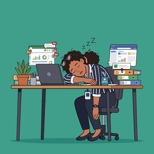 Free working woman office desk exhausted illustration