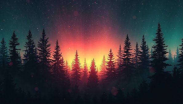 Silhuet, Skov, Solnedgang, Stjernehimmel