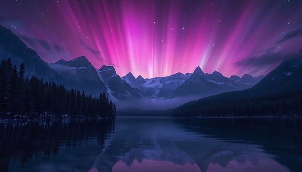 Aurora, Bjerge, Sø, Nattehimmel