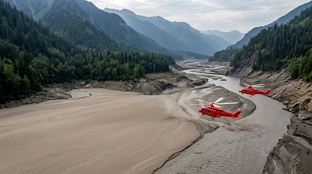 Rettung, Hubschrauber, Fluss, Schlammig