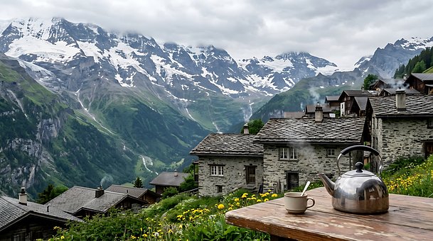Teekanne, Tasse, Tee, Dorf, Berge