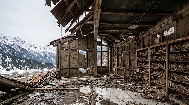 Verlassen, Bibliothek, Ruinen, Berge