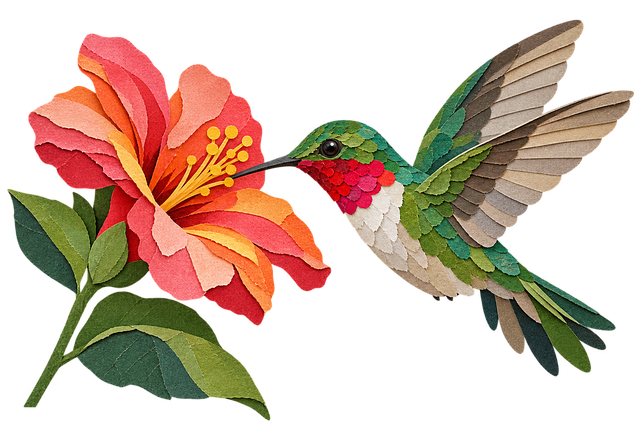 Free hummingbird flower paper art illustration