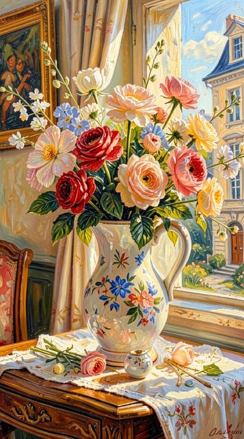 Pintura A Óleo, Vaso De Flores
