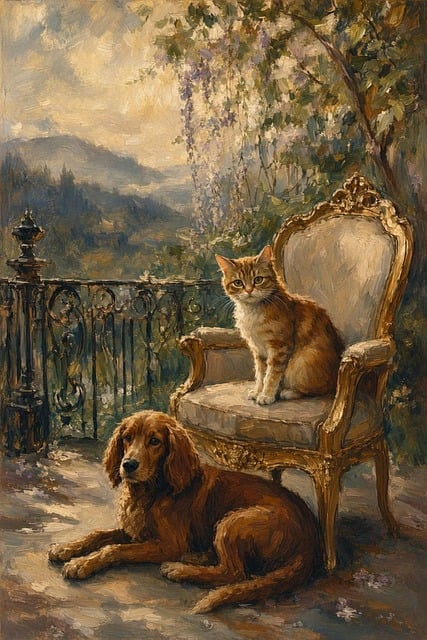 Gato, Cão, Cadeira, Terraço, Balaustrada